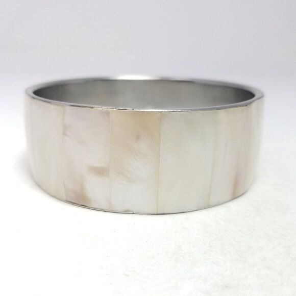 Vintage Cream Panel Inlaid Wide Bangle Bracelet, Silver Tone Setting, Estate - Picture 4 of 6